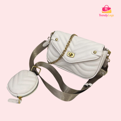 Quilted Chain Sling Bag with Coin Pouch (White)